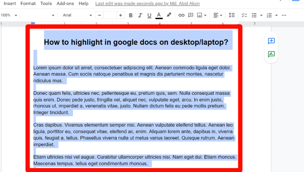 step 1 of all text highlight process on google docs