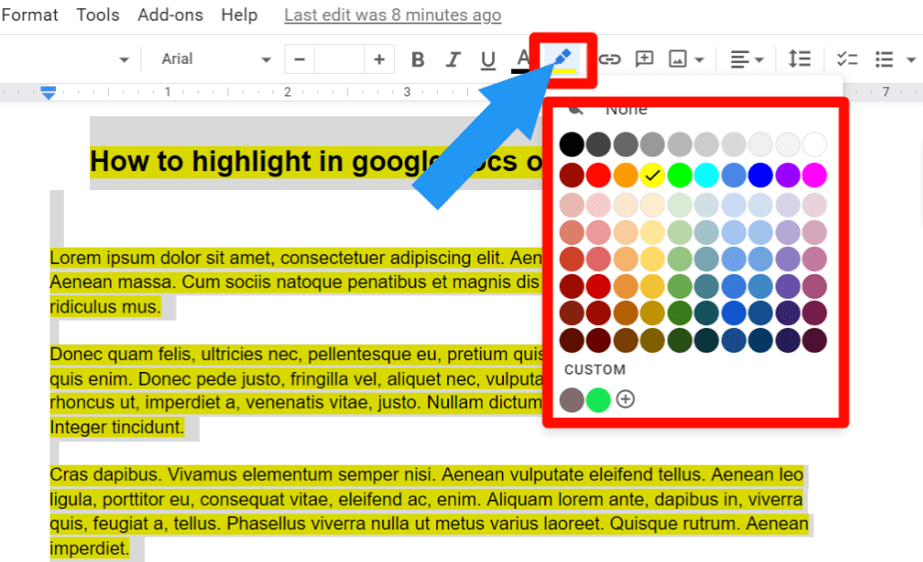 step 2 for How to change the highlight color in google docs