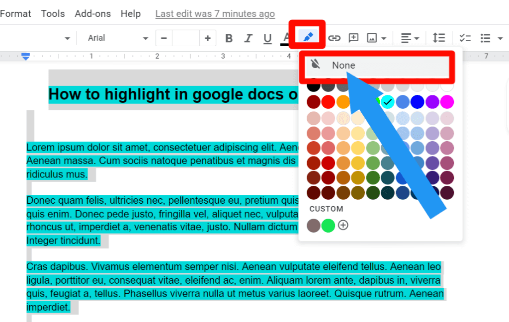 Step 2 for how to remove highlight color in google docs