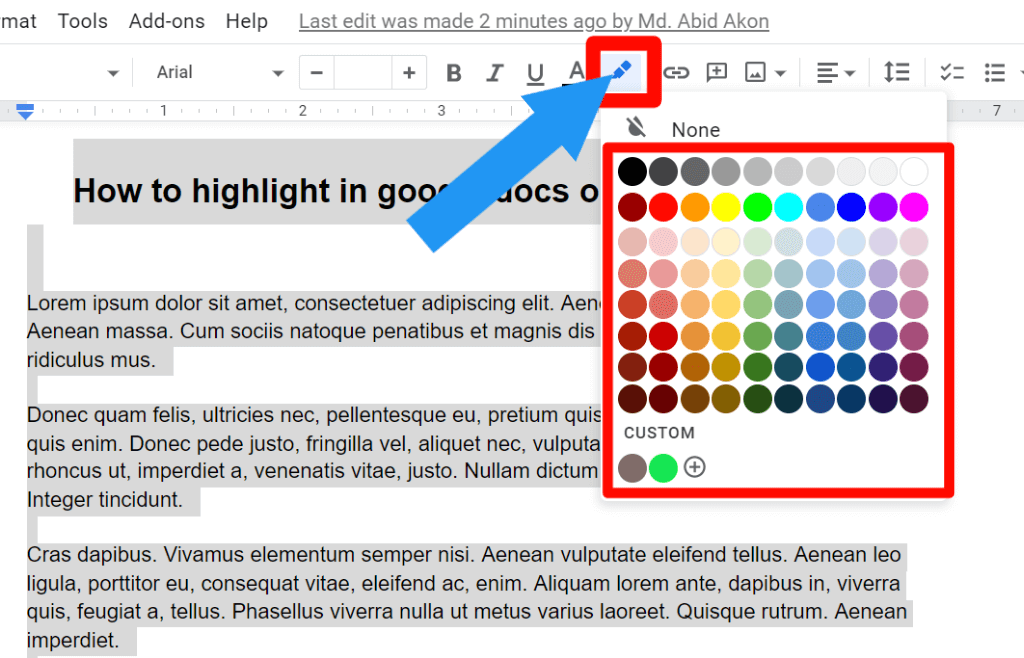 step 2 of all text highlight process on google docs