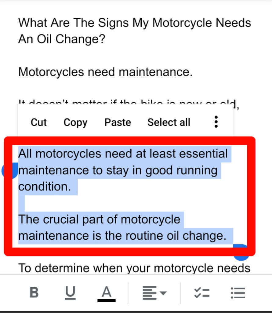 step 3 for How to highlight text in google docs on the Android/iPhone App