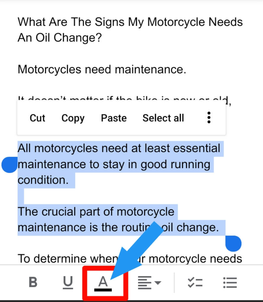 step 4 for How to highlight text in google docs on the Android/iPhone App