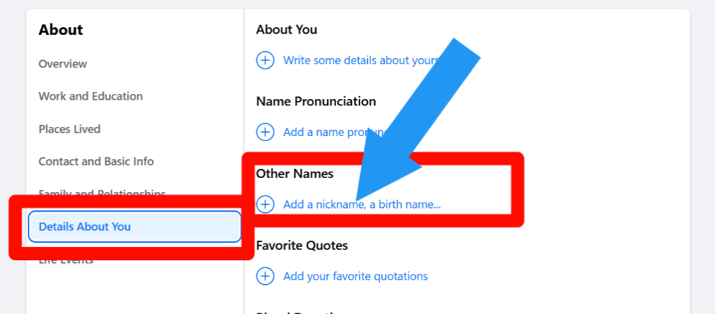 Step 3 for How to Add or Edit a Nickname or Other Name on Facebook