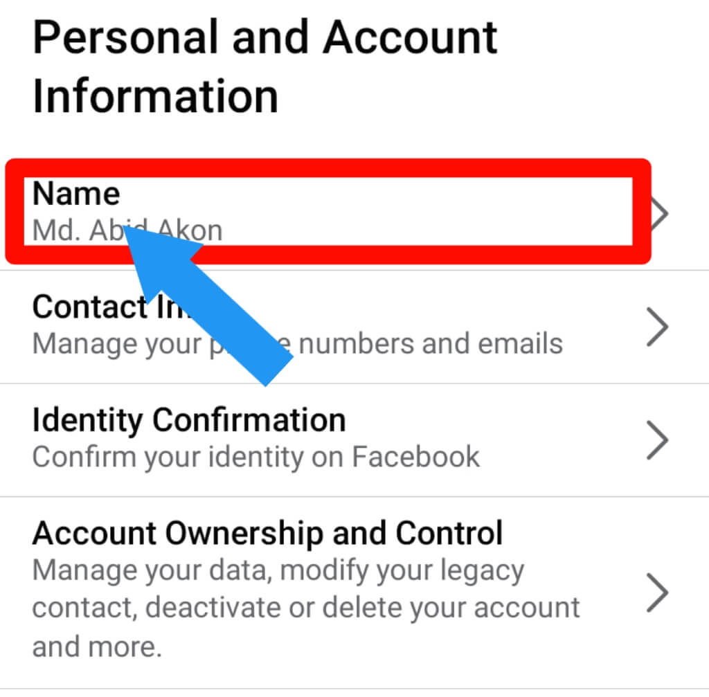 step 5 for How to change your name on Facebook app on Android or iPhone