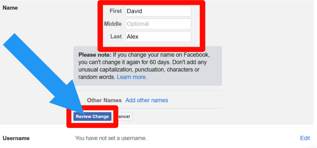 step 5 for How to change your name on Facebook on Computer or Laptop