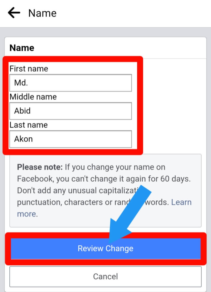 step 6 for How to change your name on Facebook app on Android or iPhone