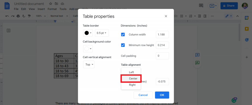 3 How to move a table to the center in google docs