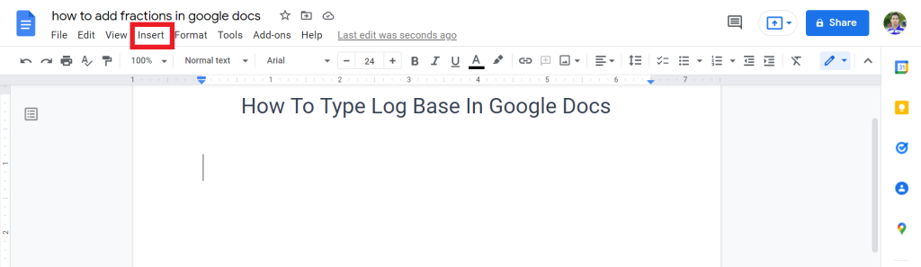 1 Add log base using Equation tool in google docs