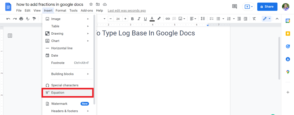 2 Add log base using Equation tool in google docs