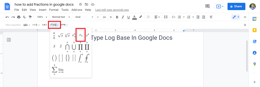 3 Add log base using Equation tool in google docs