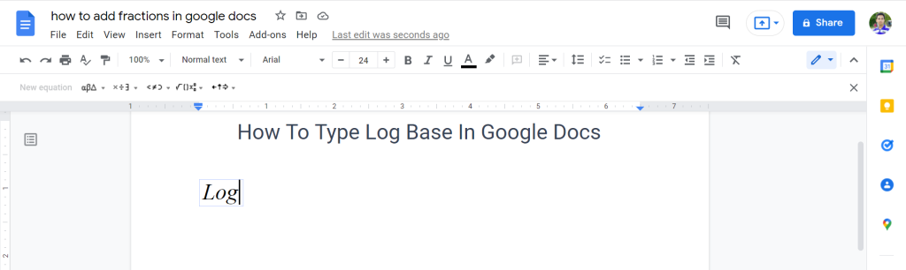 4 Add log base using Equation tool in google docs