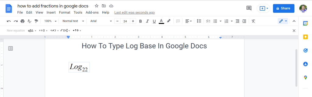 5 Add log base using Equation tool in google docs