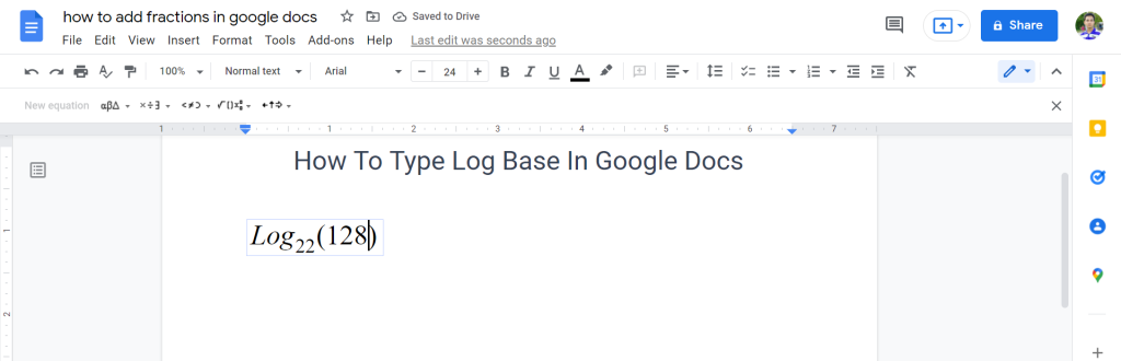 6 Add log base using Equation tool in google docs