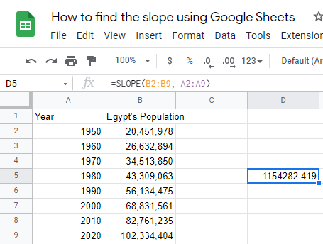 P1 How to find slope on Google Sheets