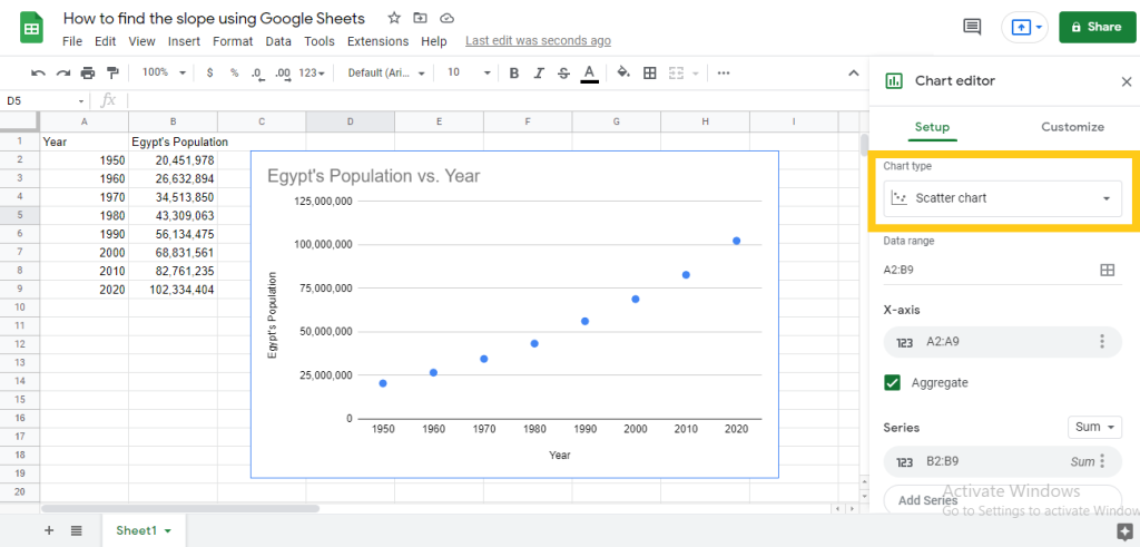 P3 How to find slope on Google Sheets
