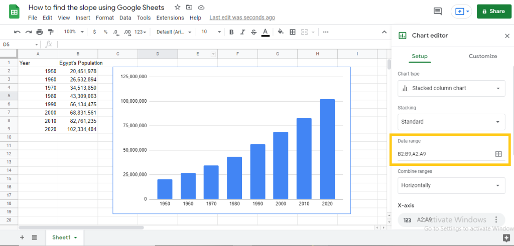 p2 How to find slope on Google Sheets