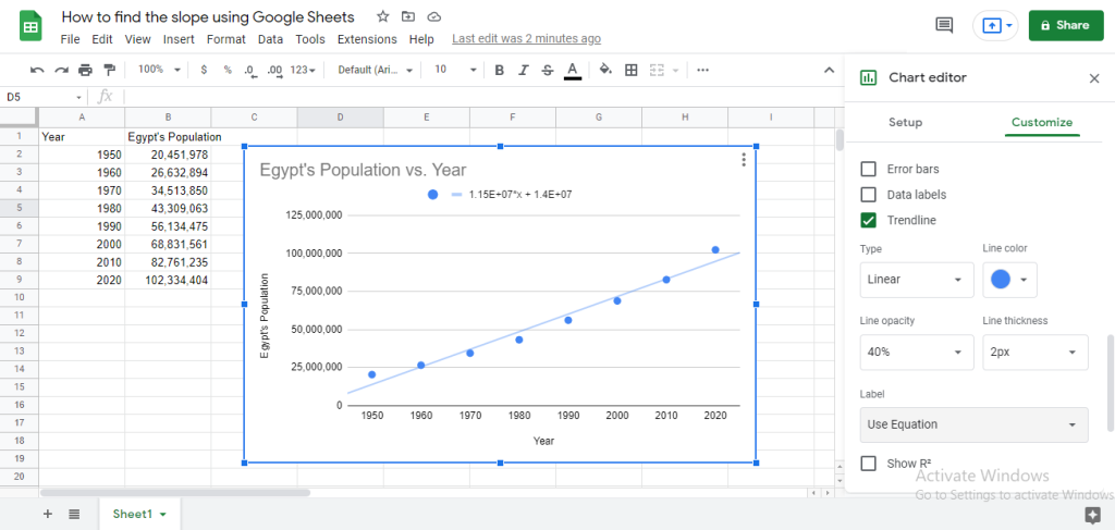 p5 How to find slope on Google Sheets