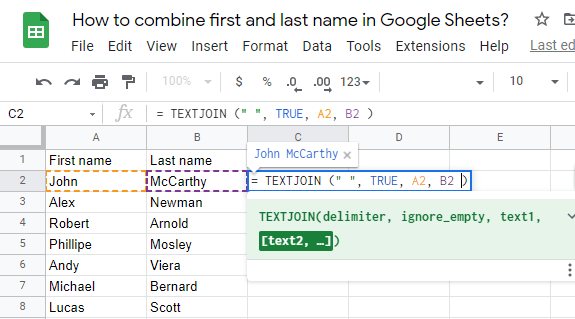 10 How to combine first and last name in Google Sheets