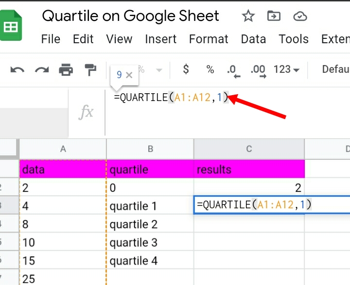 2 how to find Quartiles in Google Sheets