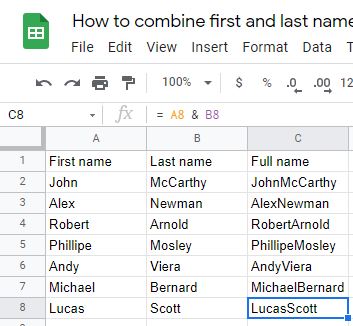 3 How to combine first and last name in Google Sheets