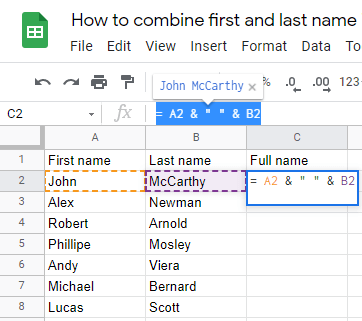 4 How to combine first and last name in Google Sheets