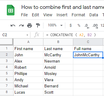 8 How to combine first and last name in Google Sheets