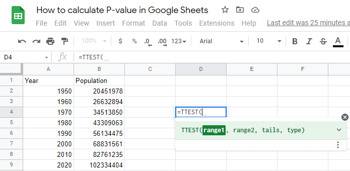 Q2 How to calculate p-value in google sheets