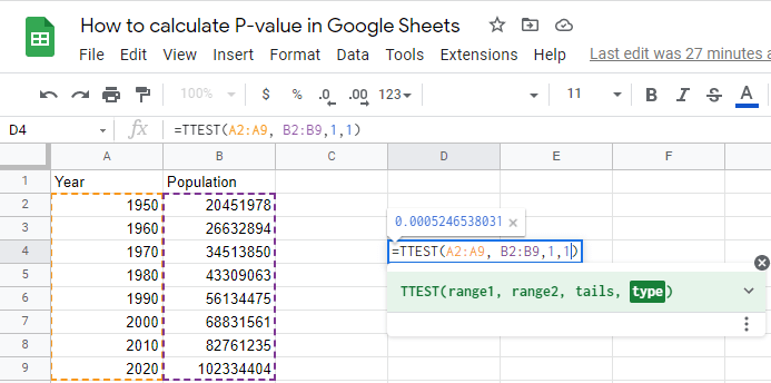 Q3 How to calculate p-value in google sheets