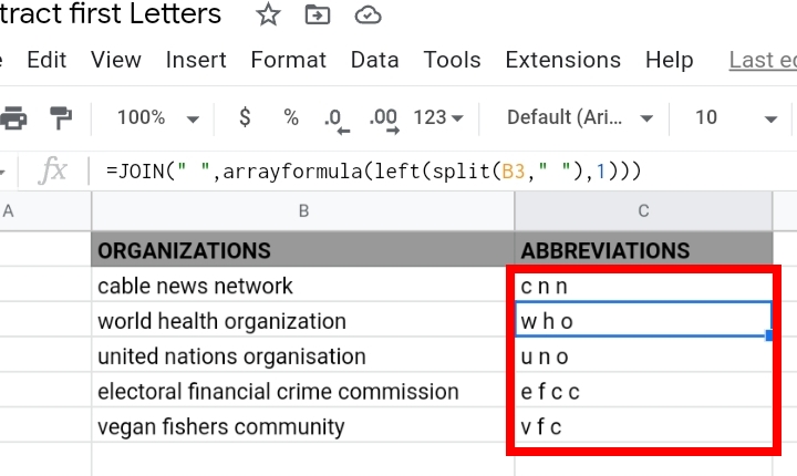 13 Extract the First Letter of Each Word in Google Sheets