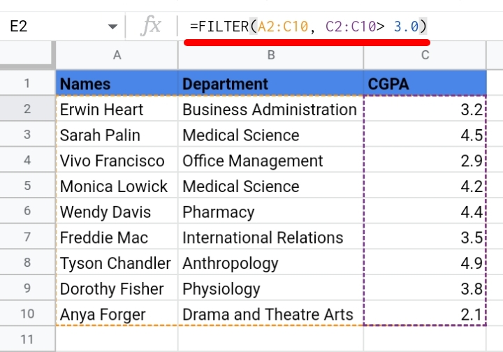 2 Google Sheets FILTER function